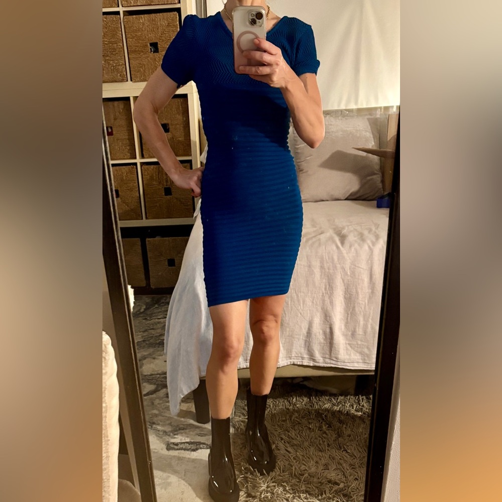 Cobalt Blue Ribbed Knit Bodycon Dress - French Connection